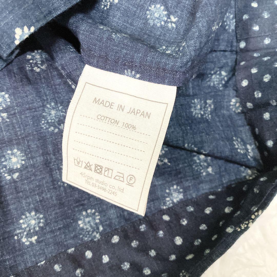 美品✨45R フラワープリント　ドット　ブラウス　袖切り替え　インディゴ　藍染め