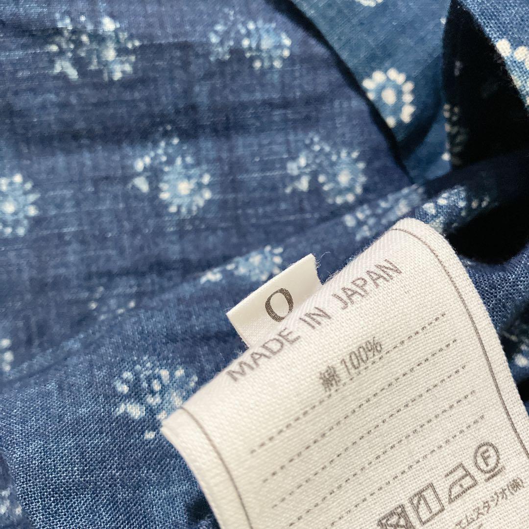 美品✨45R フラワープリント　ドット　ブラウス　袖切り替え　インディゴ　藍染め