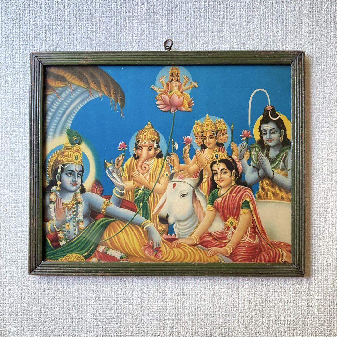 インドの神々　ビンテージポスター　　額縁付 ビシュヌ ヒンドゥの神々 額縁付 ビンテージポスター