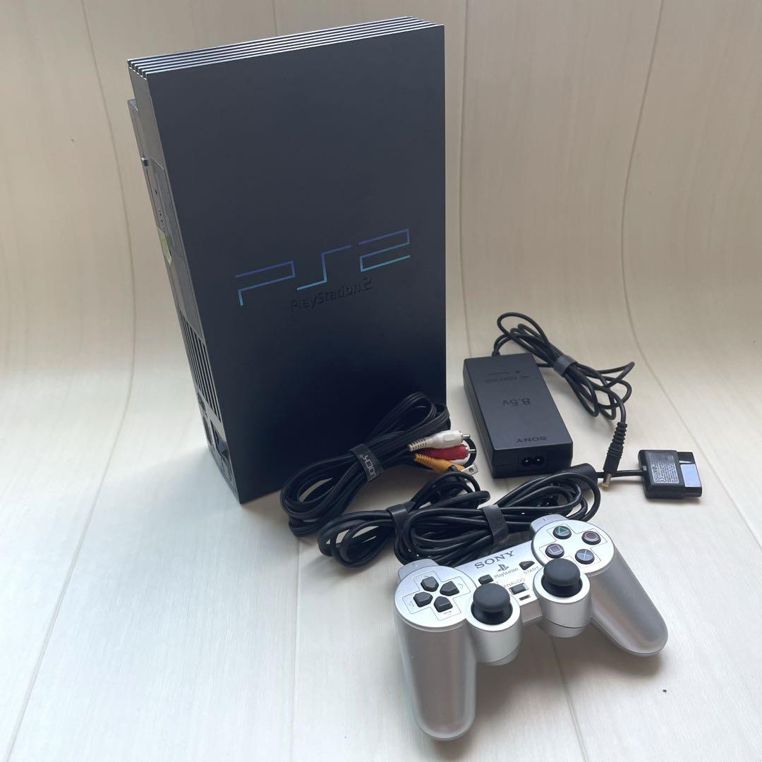 プレイステーション2ブラック黒コントローラーAVケーブルアダプターセット