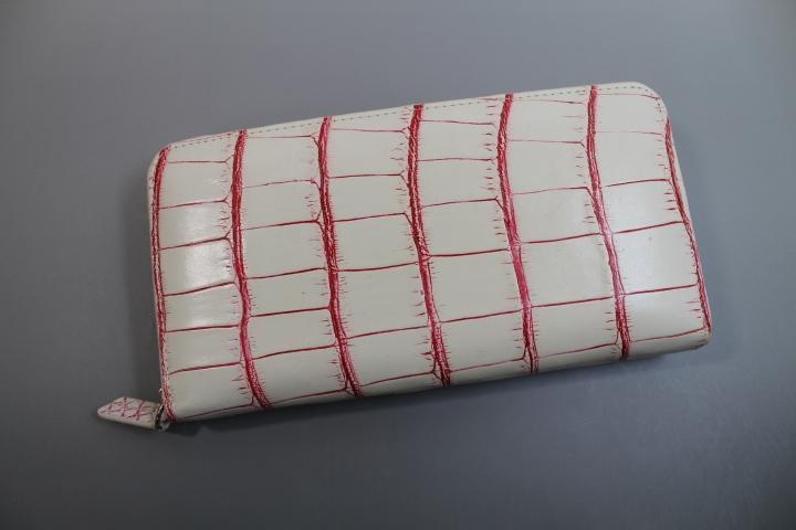 クロコダイル 財布 本物 目地染め ラウンド バニラ/ピンク オシャレ 激レア