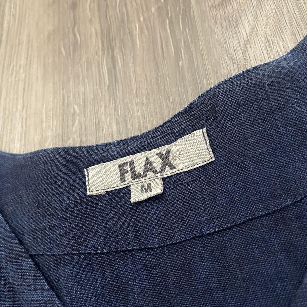 90s リトアニア製 FLAX リネンシャツ ネイビー 猫目ボタン ショート丈
