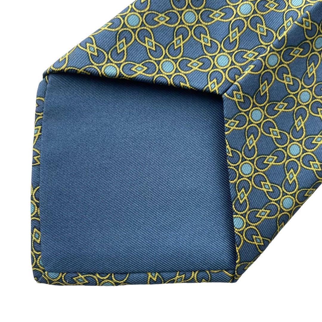 HERMES エルメス ネクタイ 青 水色 黄色 花 総柄 シルク フランス製