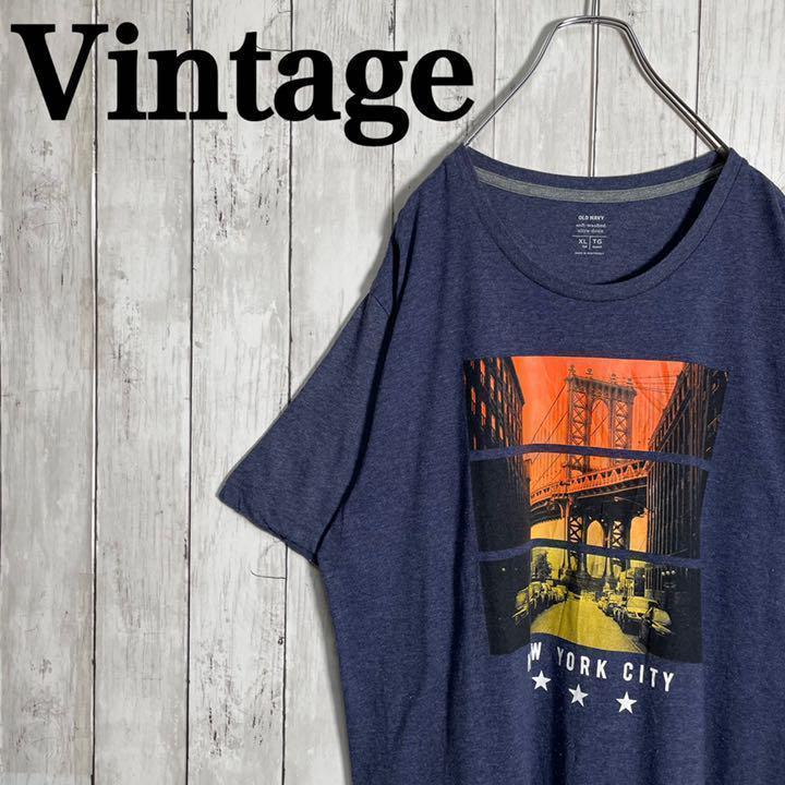 【人気】オールド　ネイビー　ビックプリント　Tシャツ ビックシルエット　古着　紺