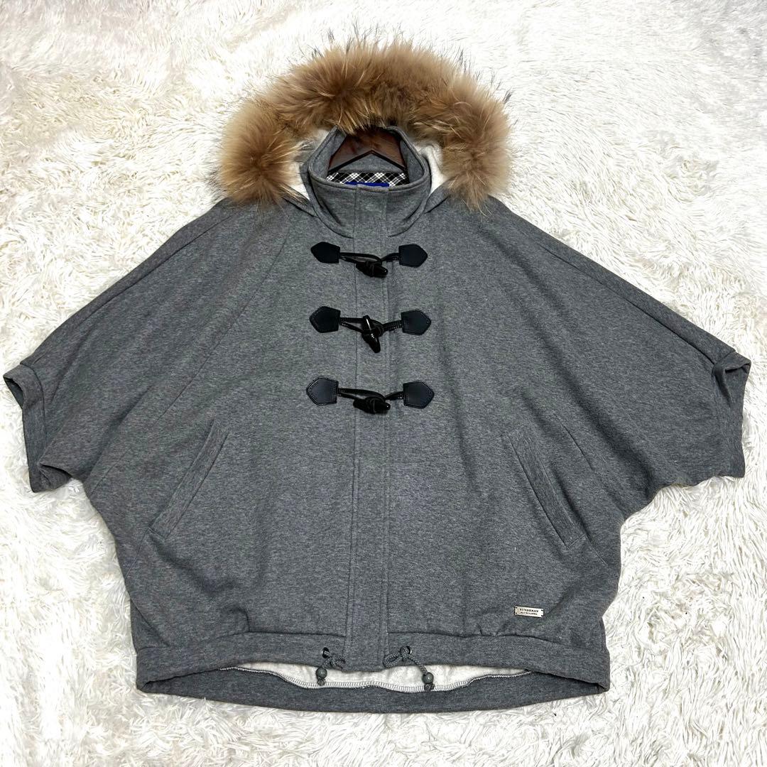 美品　バーバリーブルーレーベル　ポンチョコート　38 牛革　タヌキファー　グレー