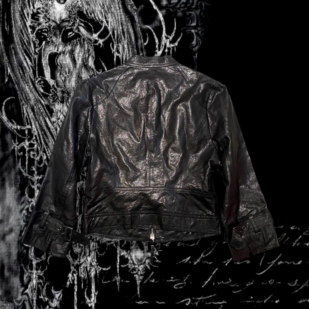 ♥︎︎∗︎*゜グランジ ラムレザー ライダースジャケット パンク y2k 00s グランジy2k ダブルジップ ウエストベルト短丈 ラムレザー