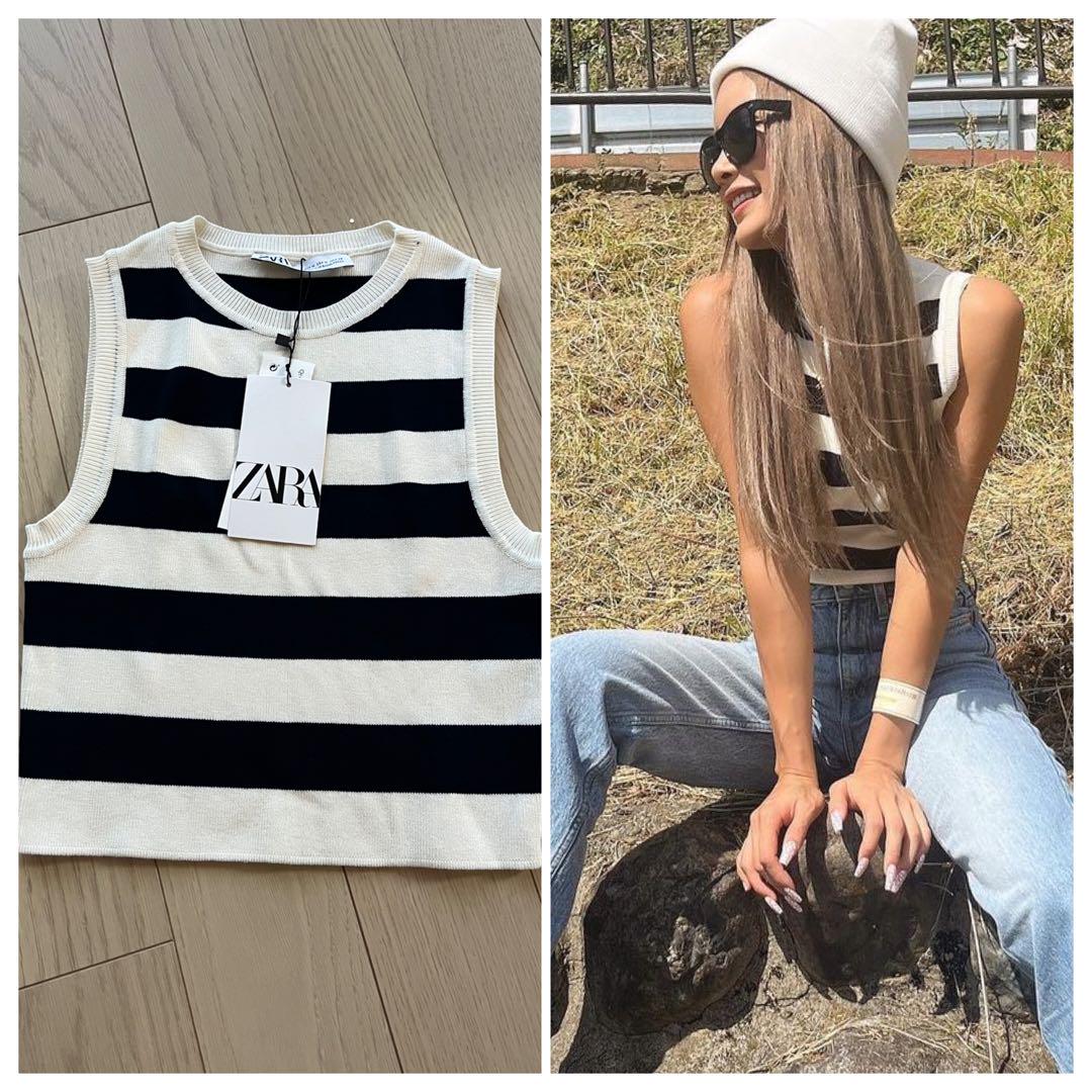 ZARA 完売品 クロップドニットトップス ボーダー ストライプ ノースリーブ