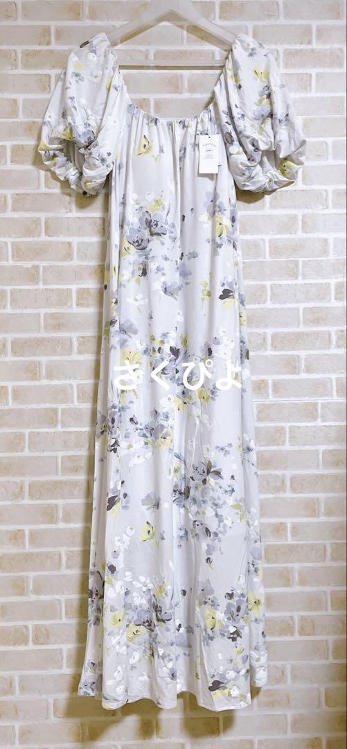 新品未使用　ジェラートピケ♡フラワー柄マキシワンピース　ブルー　ルームウェア