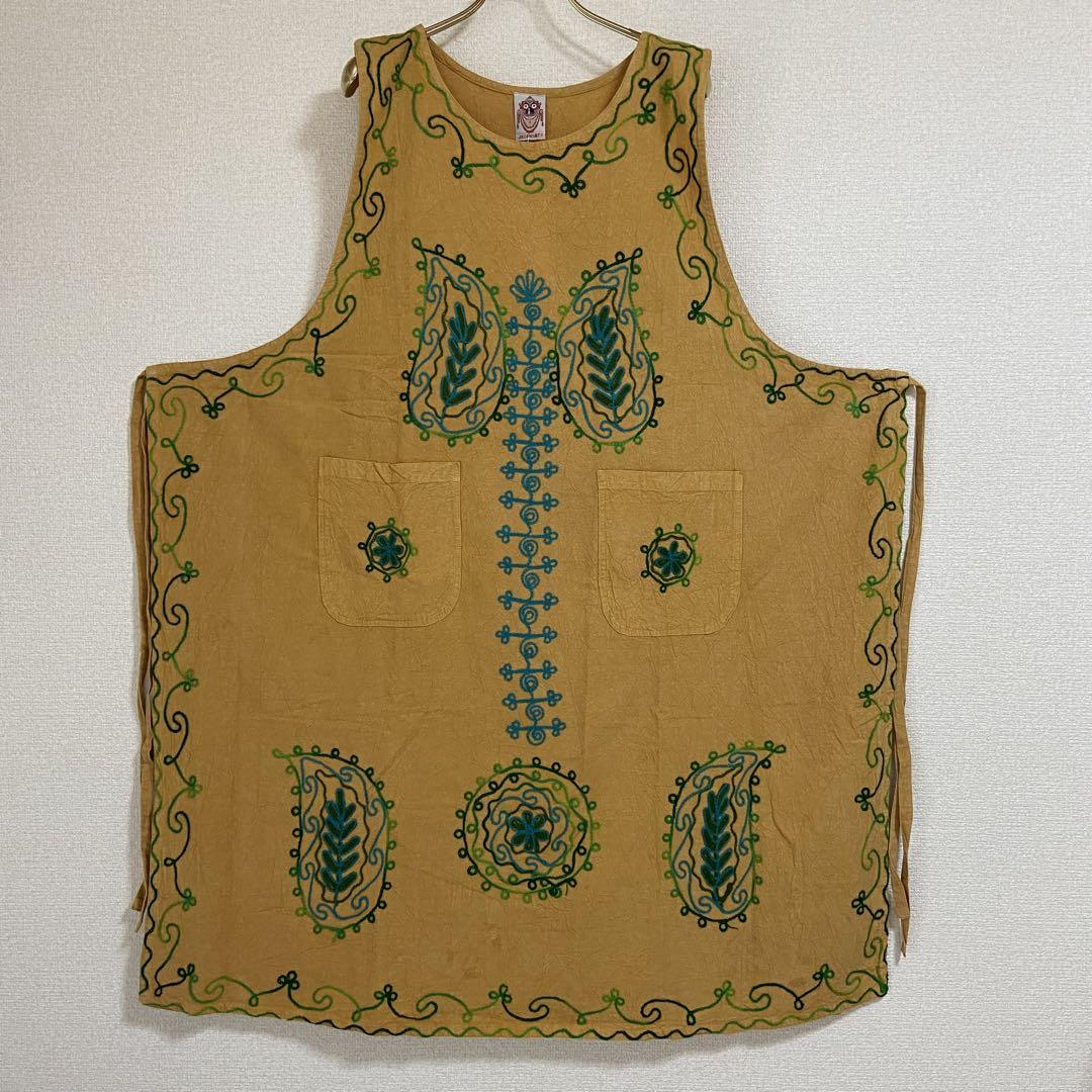 【アウトレット】インド刺繍 ロングワンピ風 おしゃれエプロン 5点セット