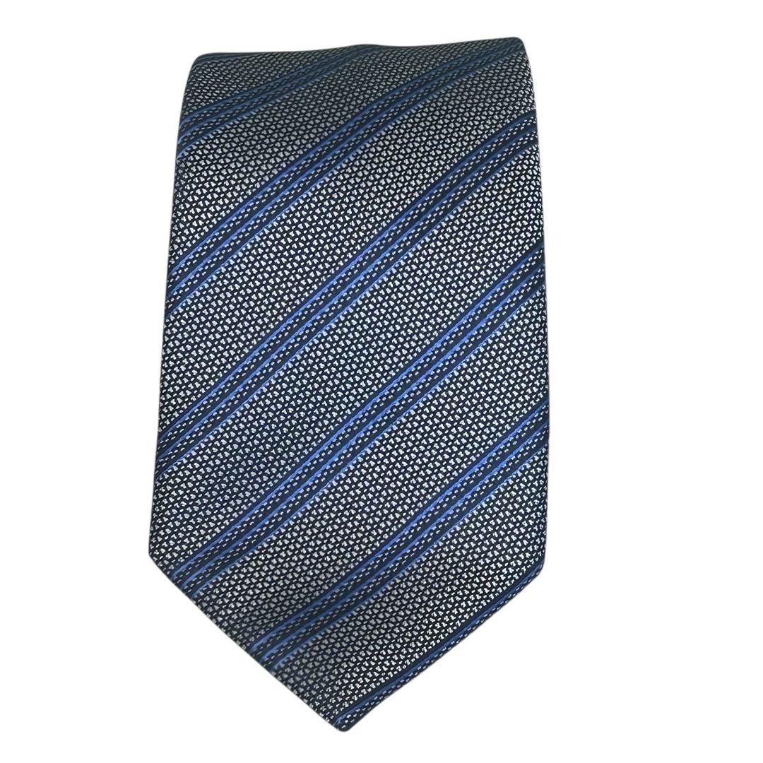 極美品　ブリオーニ　シルクストライプタイ　シルバー×ブルー