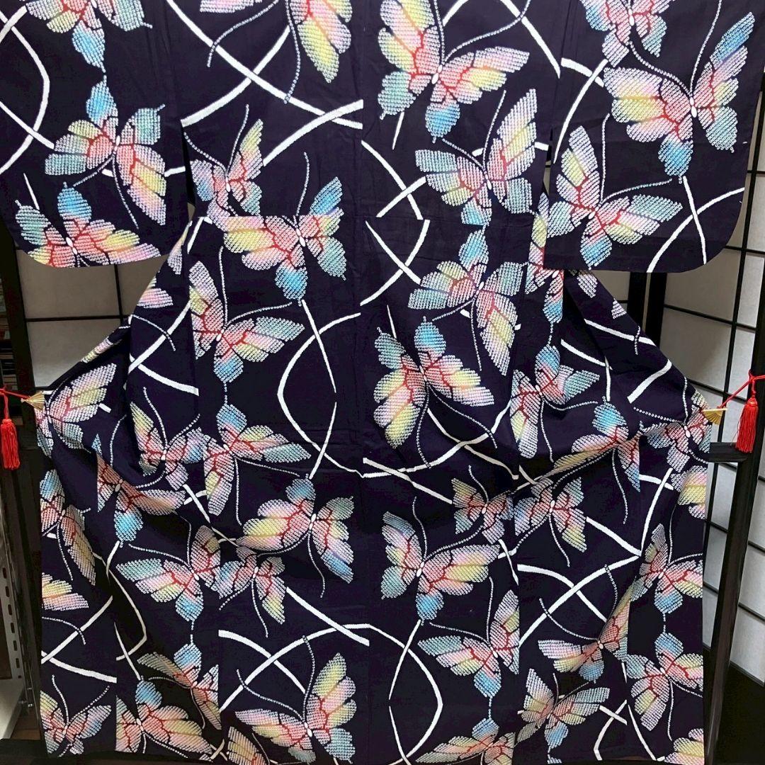 ［4814］浴衣 美品 舞蝶文様 鹿の子柄 ぼかし 綿 レディース 着物 ゆかた