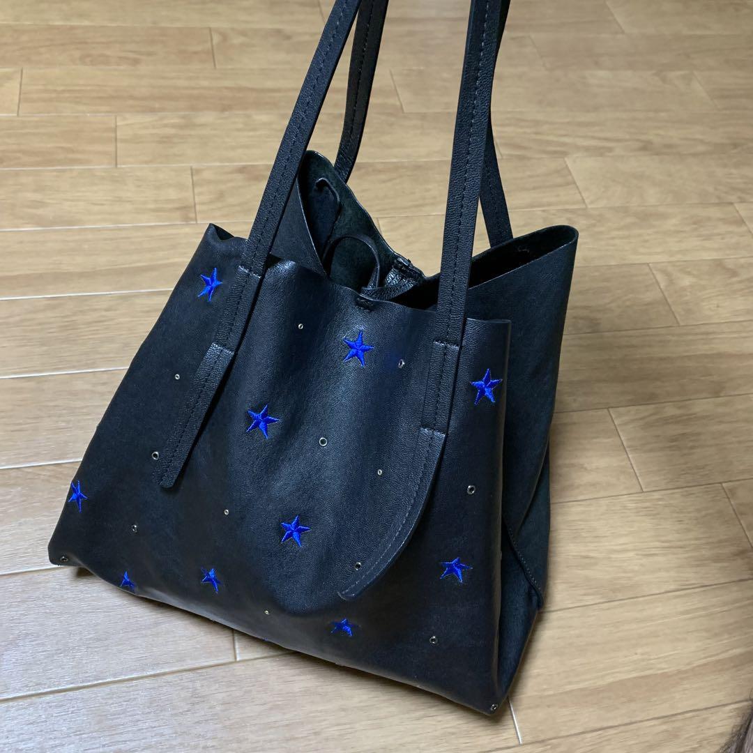 atneK アトネック レザー トートバッグ 星 刺繍 大容量 肩掛け A4収納