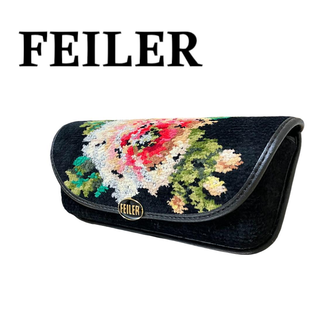 美品  FEILER  メガネケース 眼鏡ケース  ロゴ  花  メガネ拭き付き