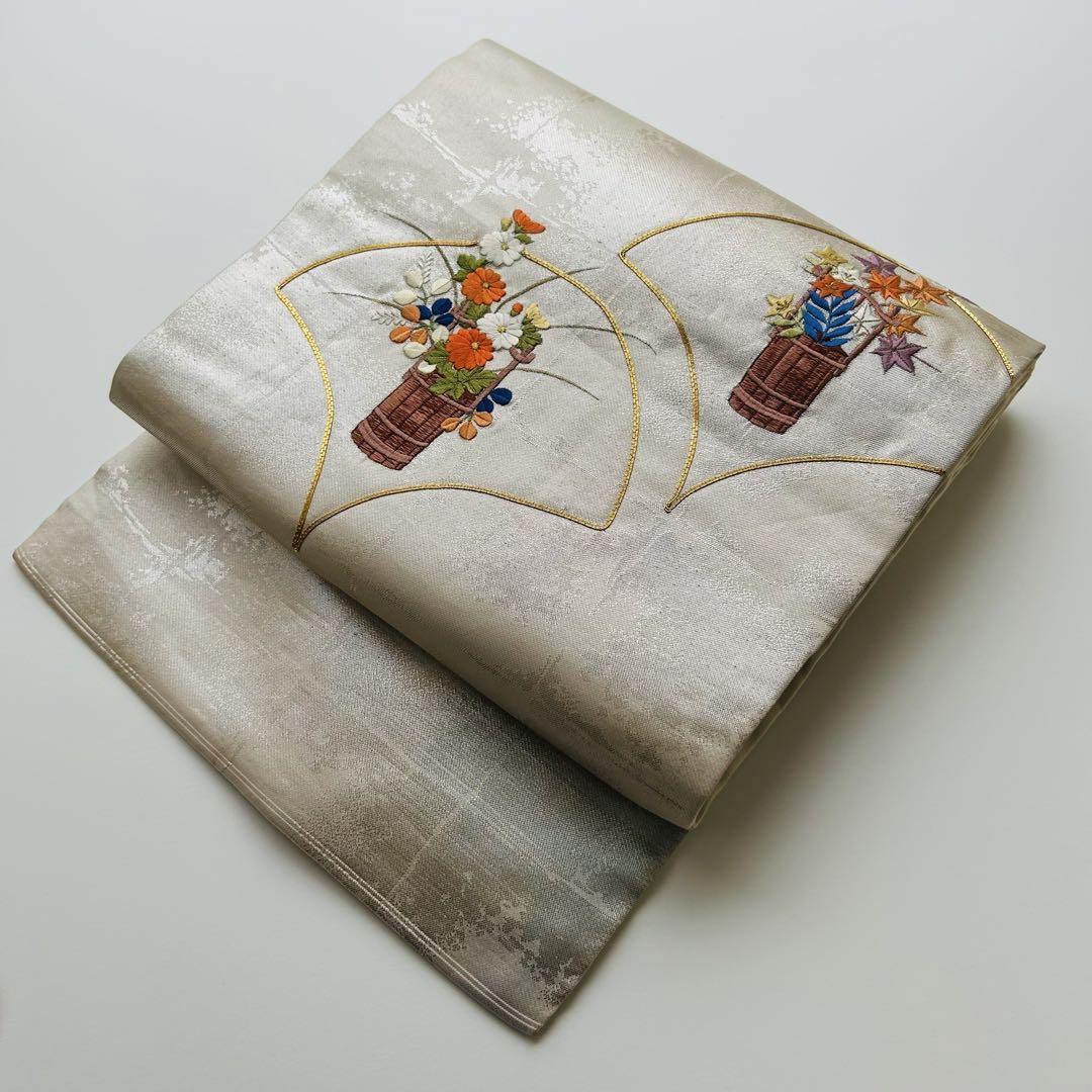 刺繍 名古屋帯 正絹 素敵な花 駒刺繍 九寸 U-3826 着物・浴衣