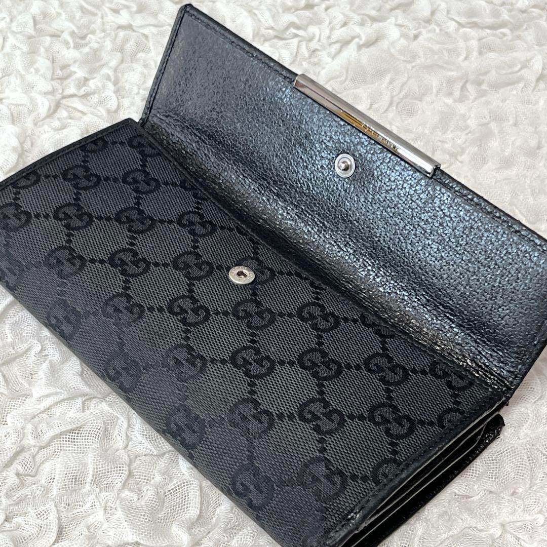 GUCCI グッチ 長財布 GG キャンバス ブラック レザー Wホック 黒 GUCCI グッチ 長財布 GG キャンバス ブラック レザー Wホック 黒