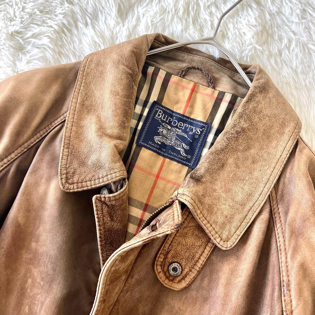 【BURBERRY】レザージャケット ノバチェック ラビットファー 38 M バーバリーレザージャケットノバチェック