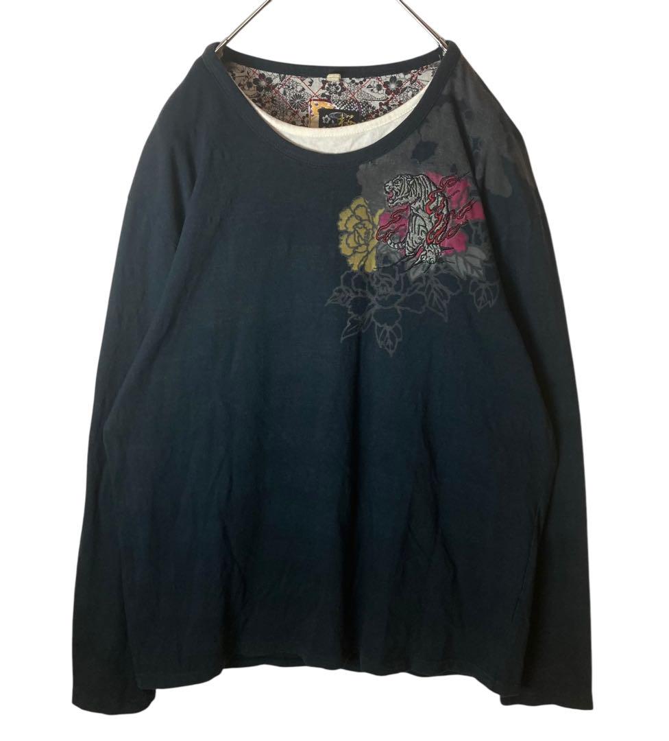 グッドデザイン ビッグ和柄 虎タイガー×花フラワー チャコールロンT XLサイズ