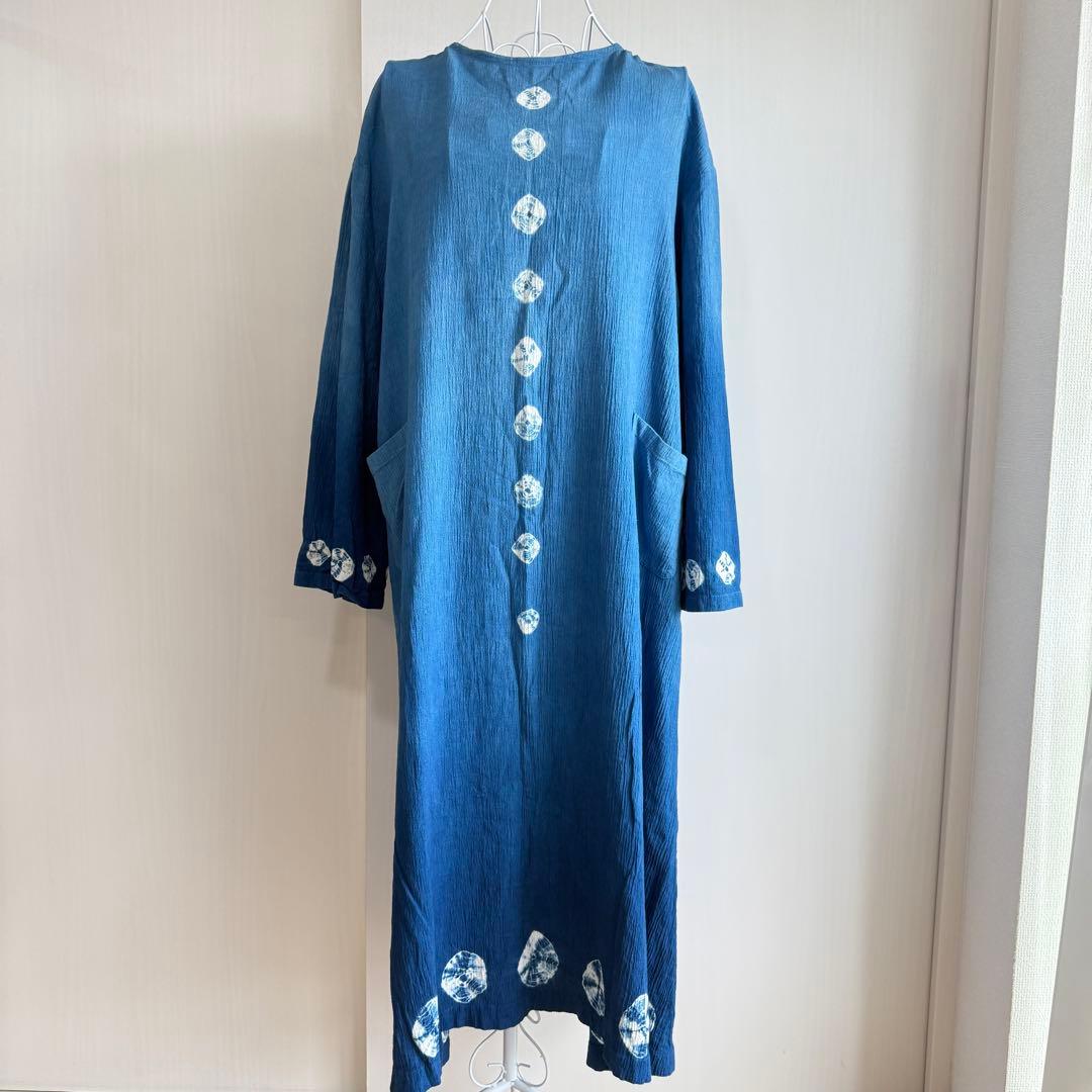 藍染 ロングワンピース 長袖 ブルー グラデーション 絞り ユニセックス