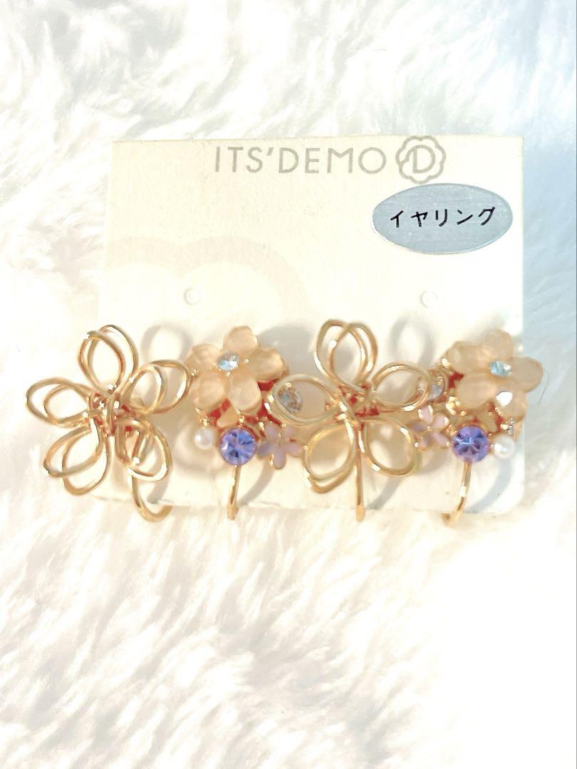 花モチーフ ピンクビーズ イヤリングセット