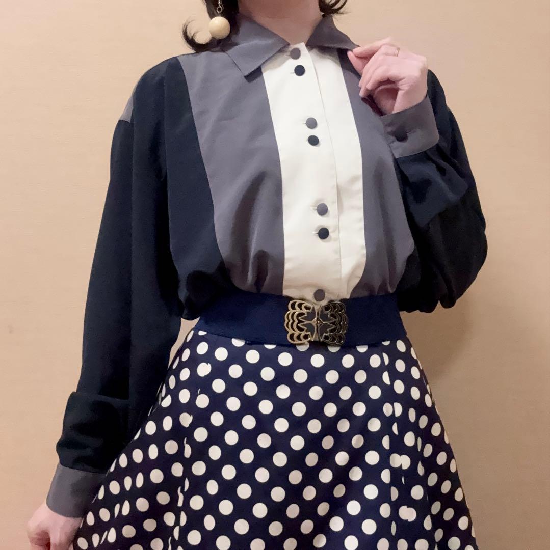 希少 トリコロール くるみボタン ブラウス 昭和レトロ ヴィンテージ 一点物 紺