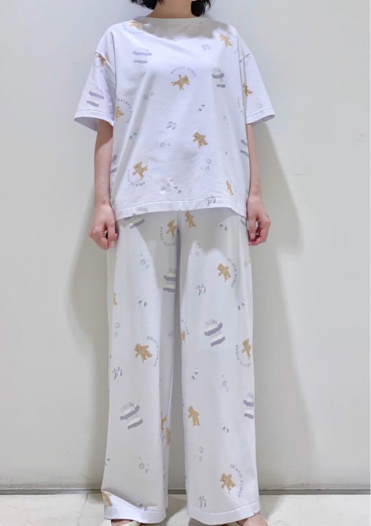 ジェラートピケ　ウォッシングベア柄Tシャツ&ロングパンツセット　ブルー