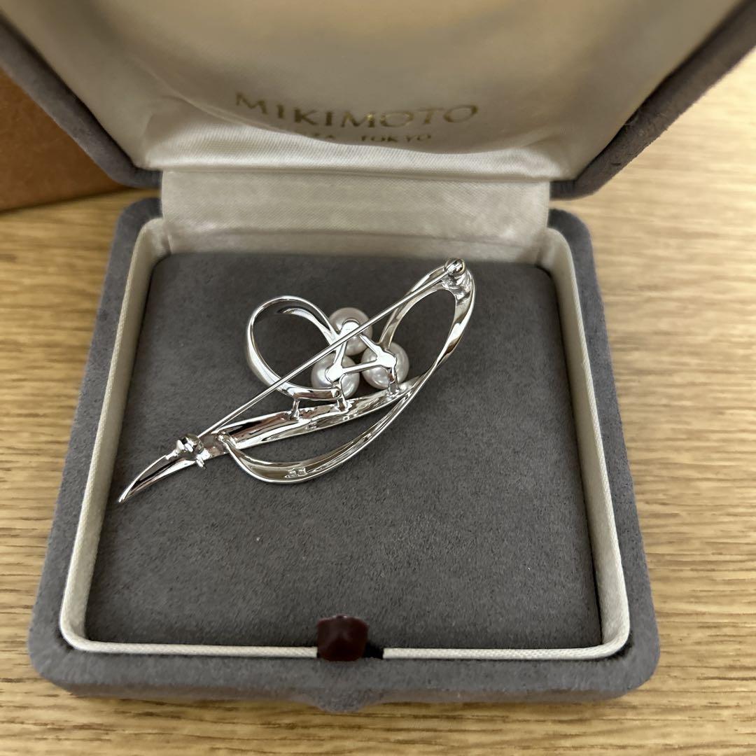 MIKIMOTO ミキモト パール 真珠 3粒 3珠 リーフ ブローチ シルバー