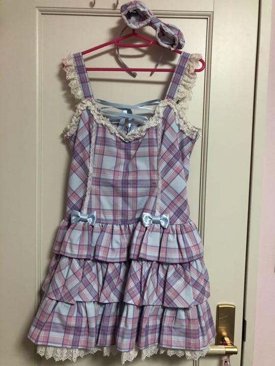 マカロンタータンチェックローウエストJSKとカチューシャ サックス系 MIujP-m17252214371 最安値に挑戦