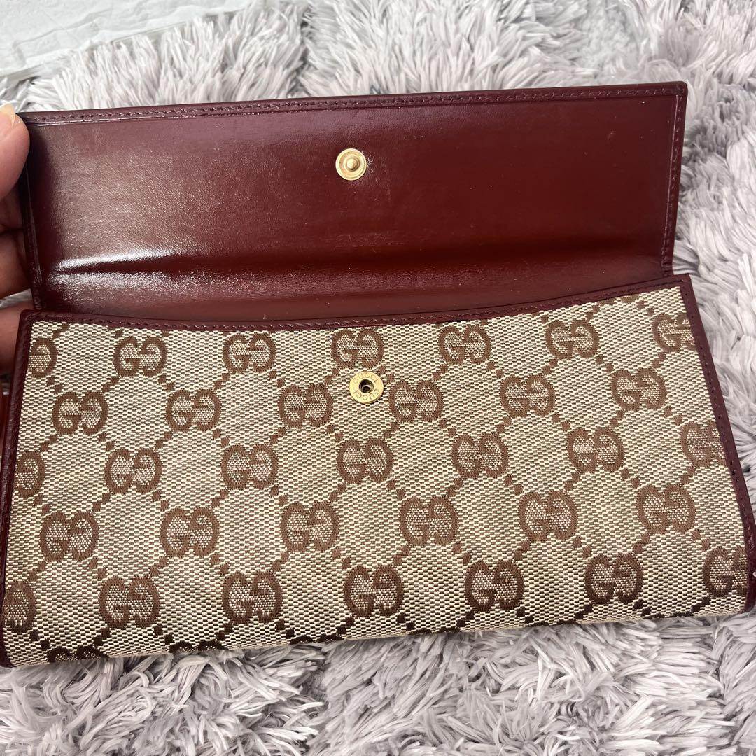 美品✨GUCCI 長財布　ゴールドフラップ　GGキャンバス　ロイヤルレッド