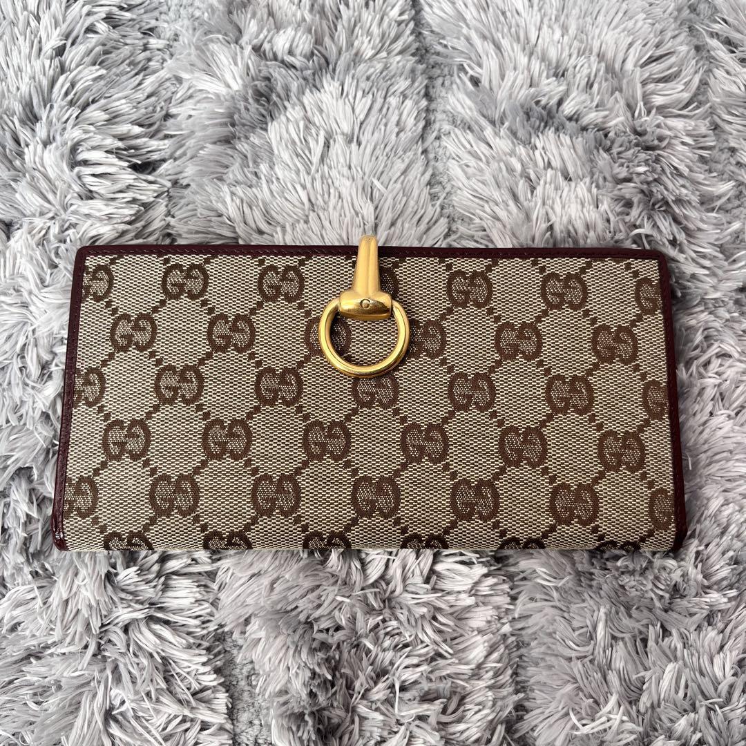 美品✨GUCCI 長財布　ゴールドフラップ　GGキャンバス　ロイヤルレッド
