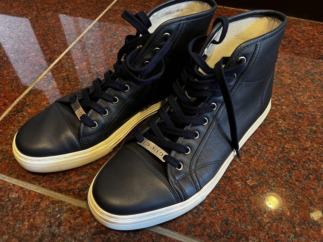 美品 GUCCI グッチ 423300 ロゴプレートハイカットレザースニーカー