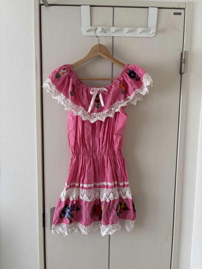 ピンク フリル オフショルダー ワンピース オフショル チュニック 古着 刺繍