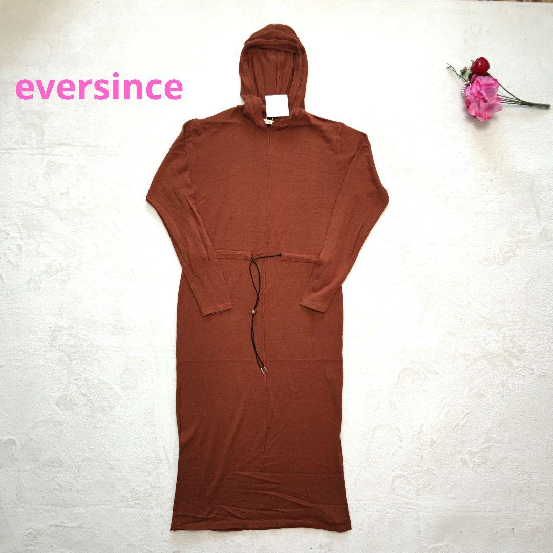 eversince【M】ブラウン フード付き長袖ニットロングワンピース