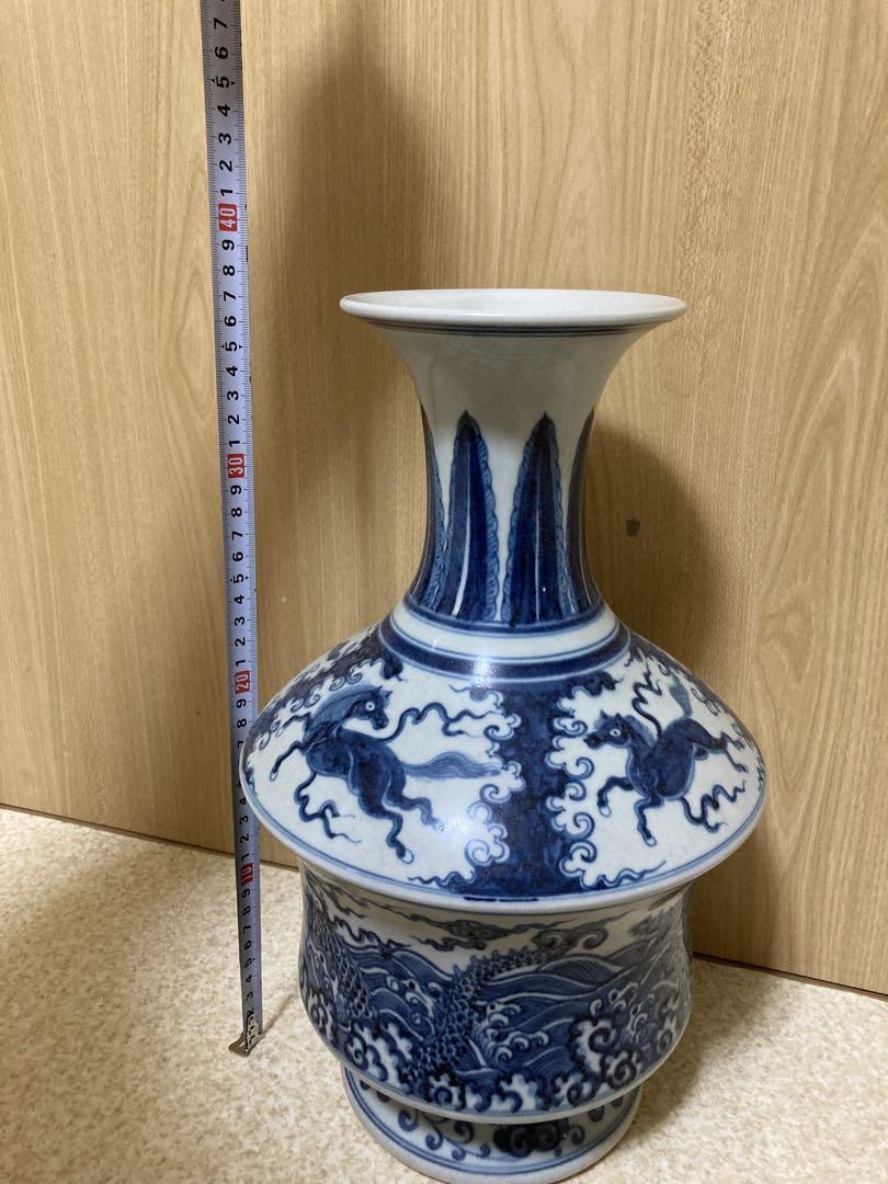 中国骨董／青白磁の馬と龍の花瓶／大明永樂年製／高さ約37 cm