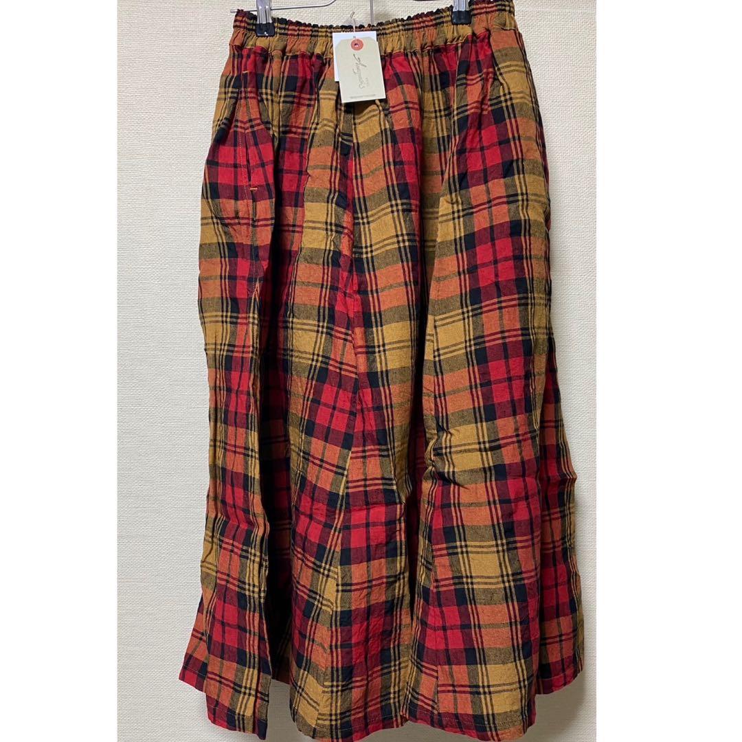 イチアンティークス リネン ロングスカート チェックFREE SIZE・ICHI Antiquites