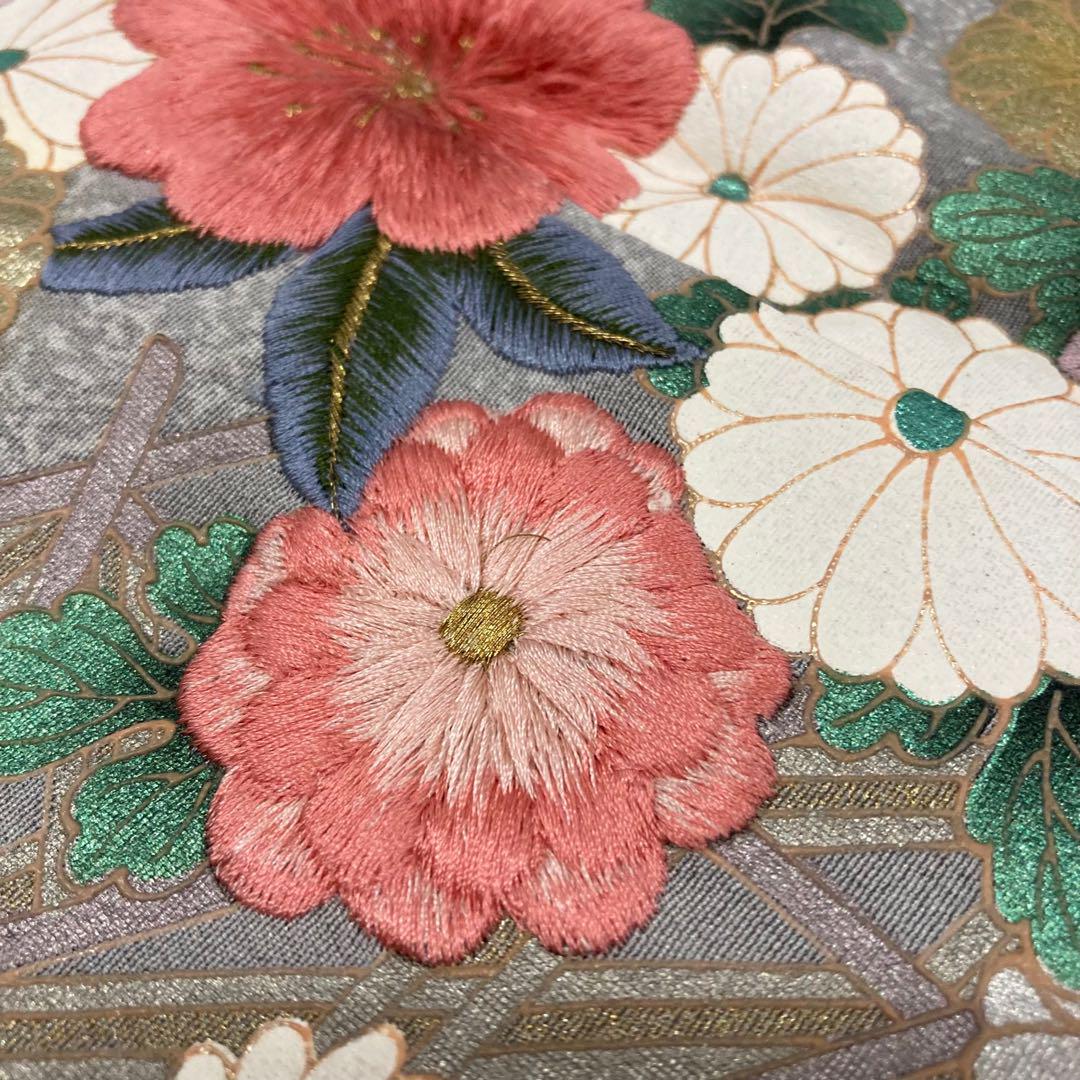 訪問着 豪華刺繍 裄66 染め 圧巻の加工 紋なし 正絹 AK-3768