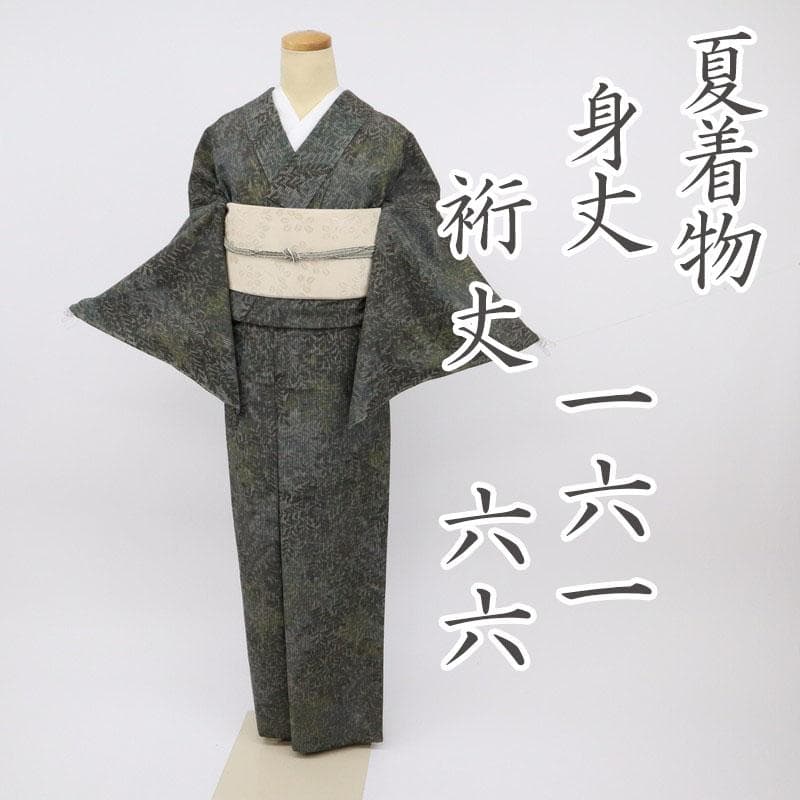 【夏着物】お召＊小紋 ボタニカル模様 葉 緑 普段着 正絹 街着に＊7KG2