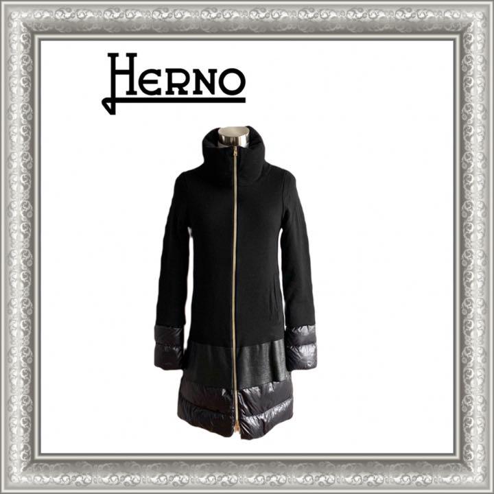 HERNO ヘルノ ダウンコート フリル 切替 ニット ウール ブラック 38