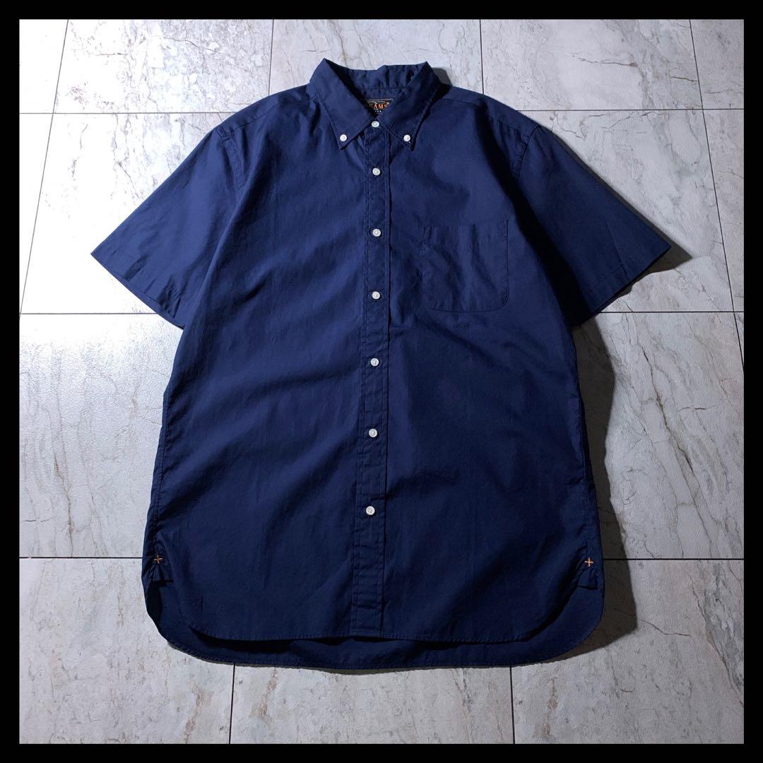 BEAMS PLUS カラー ブロードシャツ 半袖 ネイビー 無地 L 百名品