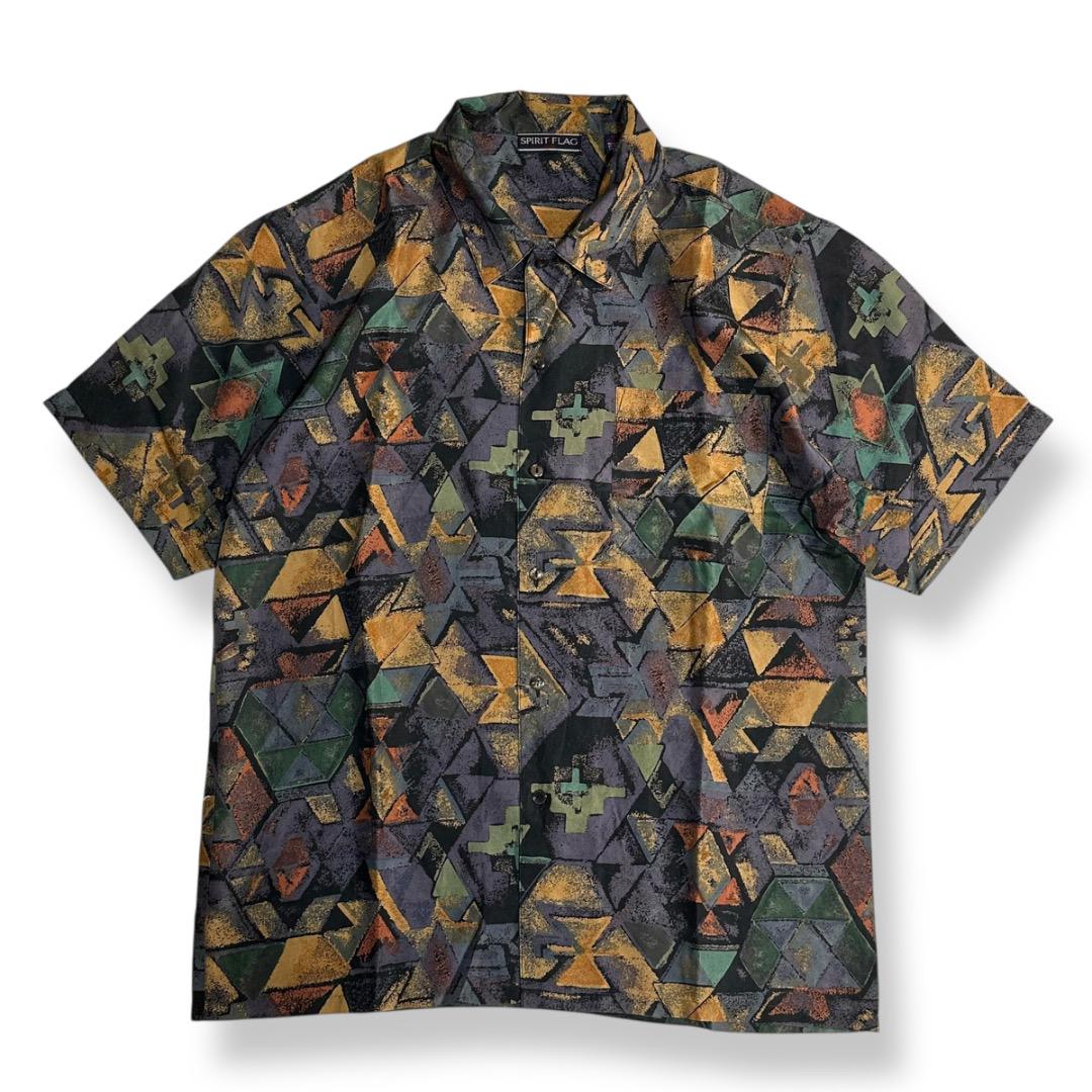 希少【VINTAGE】80s 90s 総柄 ビンテージシルクシャツ レトロ古着