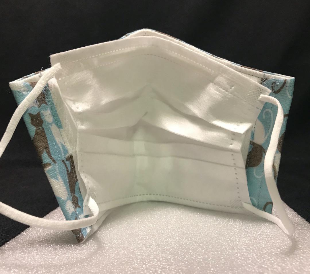【ネコ柄青色】ハンドメイド 大人用 立体 インナーマスク 手作り
