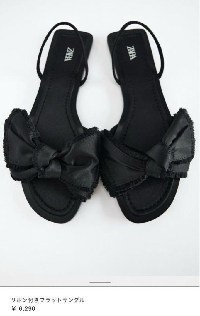 新品☆ZARA ザラ ドット柄リボン付きフラットサンダル 36 black