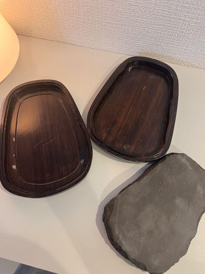 硯 硯箱 木箱つき　骨董品　彫刻　梅　鶯　花　鳥　書道