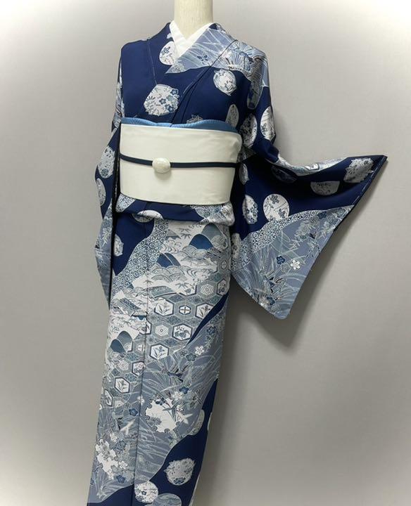 いいたしま㉿ 特選和染紅型訪問着❣️ ブルー 青 藍色 Pntxv-m17483038922 丸花文⭐️濃紺 ネイビー ⊡しておりま