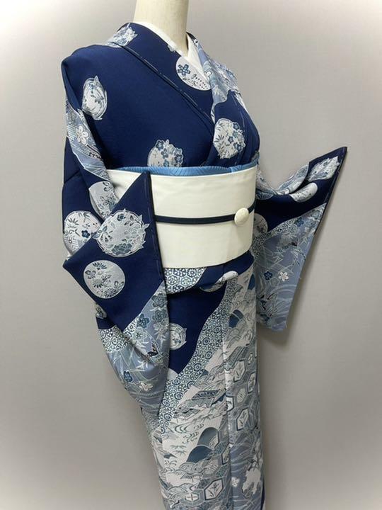 いいたしま㉿ 特選和染紅型訪問着❣️ ブルー 青 藍色 Pntxv-m17483038922 丸花文⭐️濃紺 ネイビー ⊡しておりま