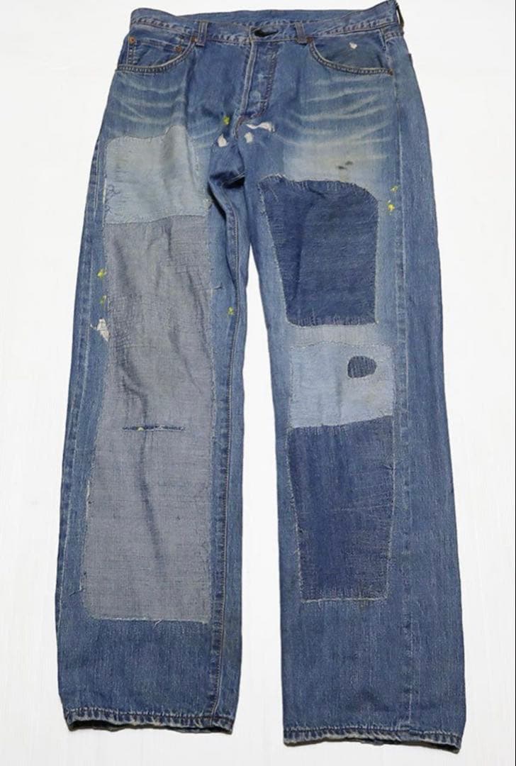リペア パッチワーク ブルー ジーンズ ストレートデニム ヴィンテージ 34