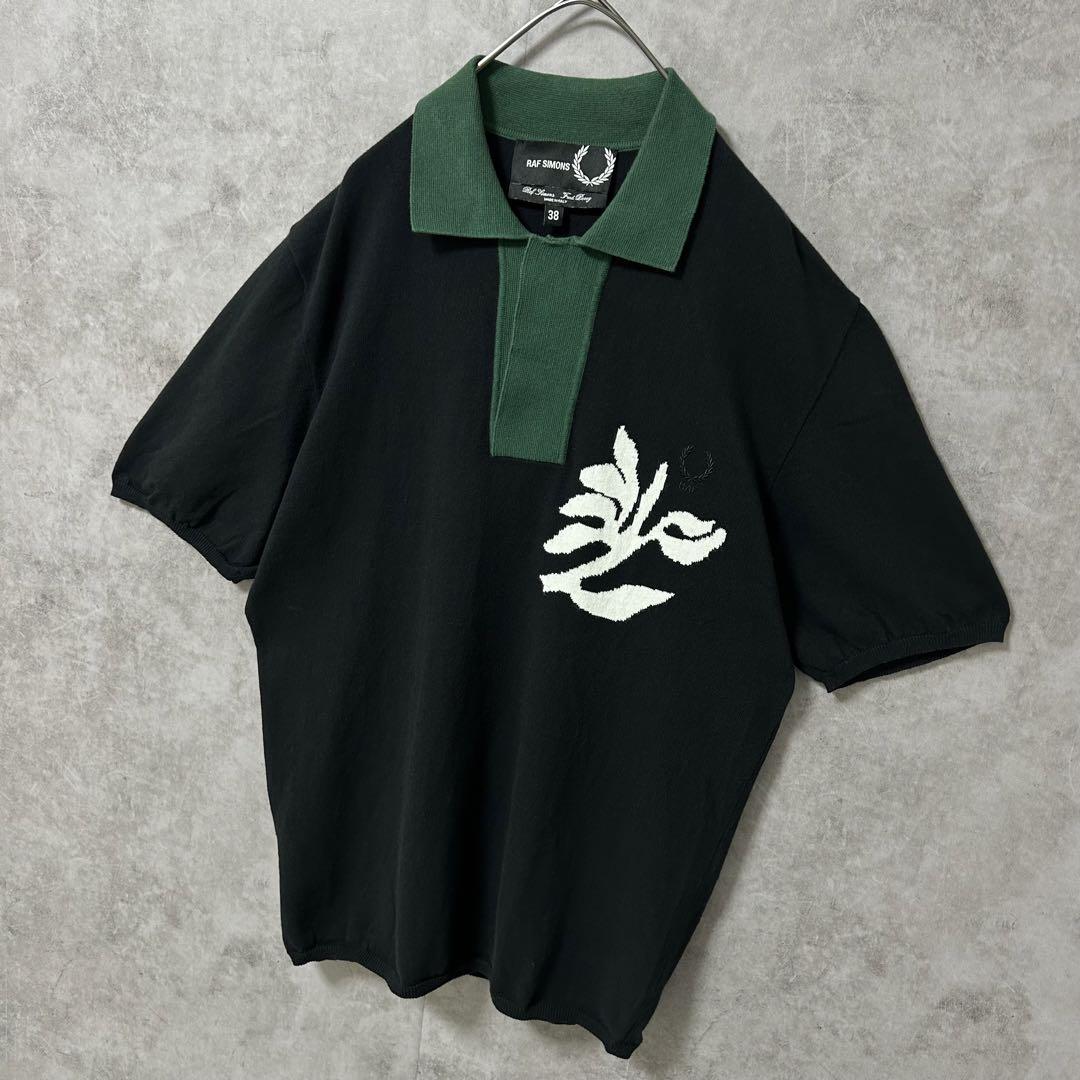 【完売モデル】ラフシモンズ×フレッドペリー コラボ ニットポロ 刺繍ロゴ 黒 緑