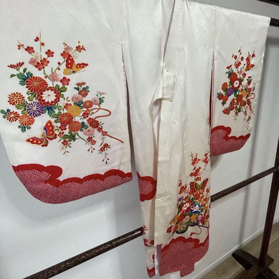 美品　お宮参り 正絹　産着　初着　女の子　長襦袢付　着物　赤　白　刺繍