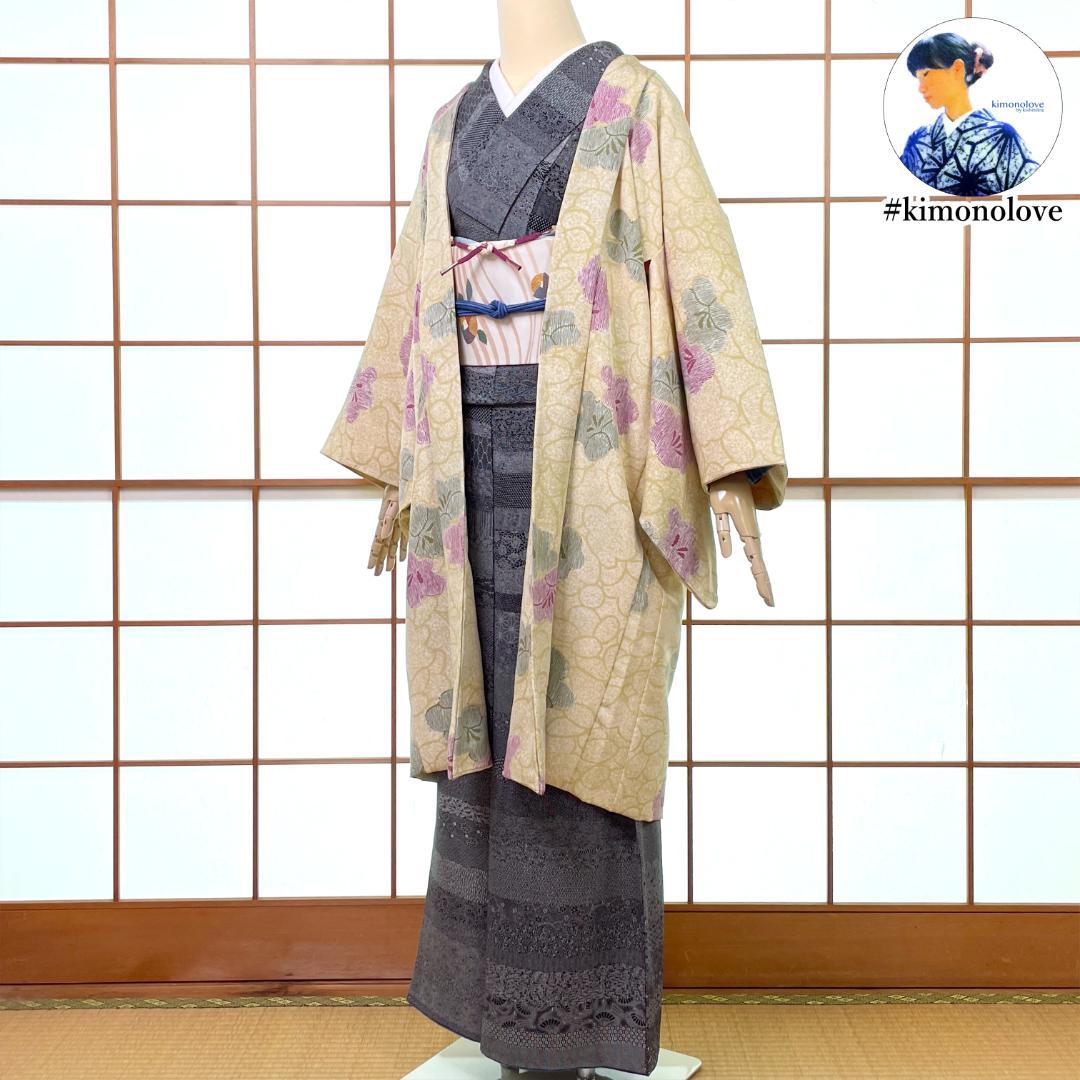 長羽織 身丈100cm 正絹 梅尽くし 花柄 淡い抹茶 着物 新品 A-2111