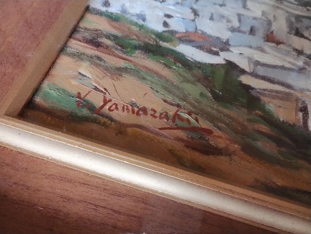 【送料無料】ヴィンセンシオ山崎 油彩画 額装 地中海街並み海 【送料無料】ヴィンセンシオ山崎 油彩画 額装 地中海街並み海