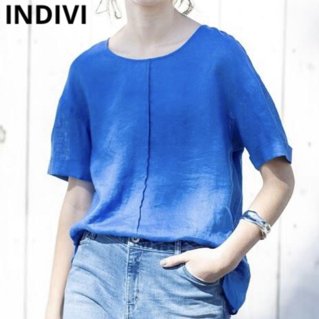 【INDIVI】 ゆったりシルエット 洗える フレンチリネンTトップス 38